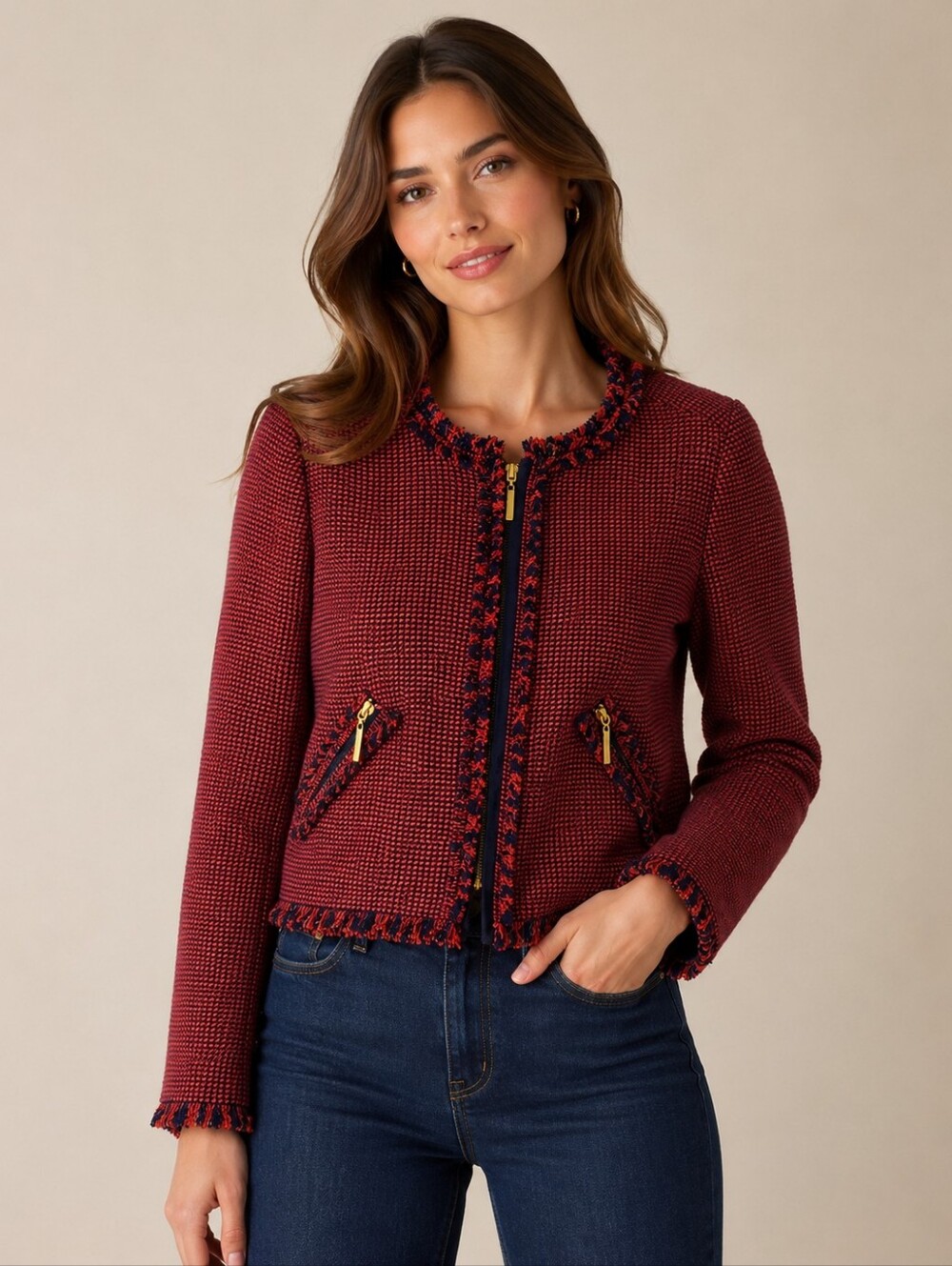 446.Vintage Paperwhite Red/Navy Tweed Style Zip-Front Jacket With Stretch